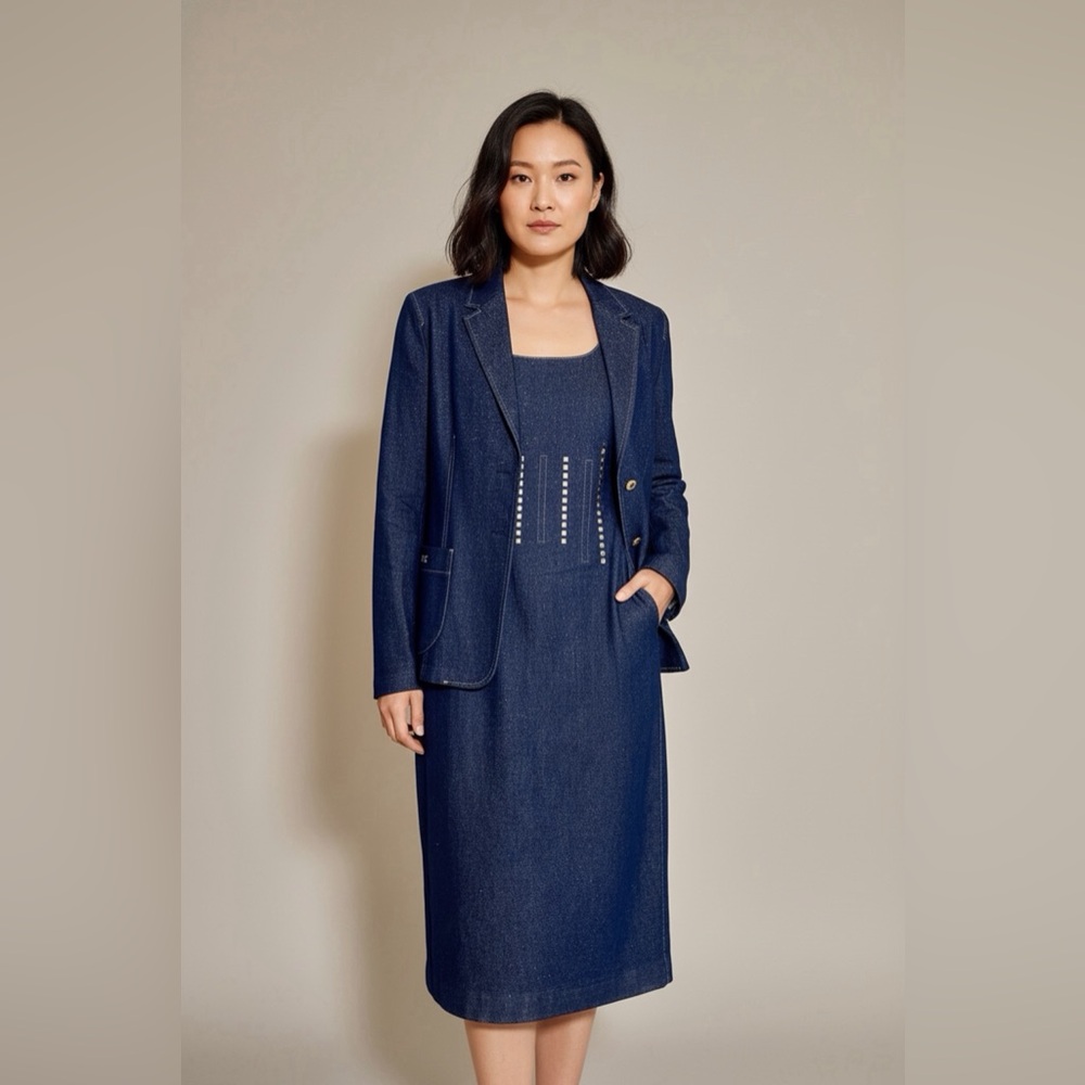 Elegant Blue denim Midi Dress and jacket